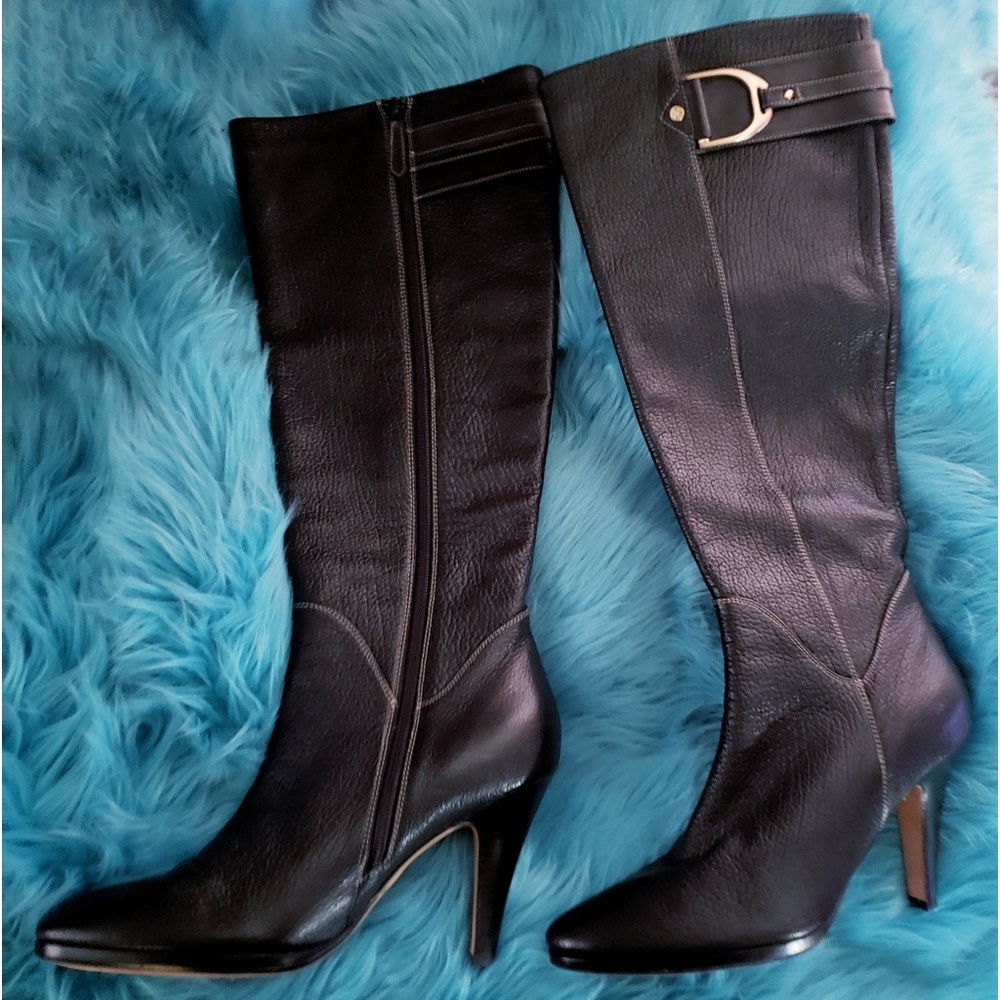 Classic Black Leather Knee-High Heeled Boots